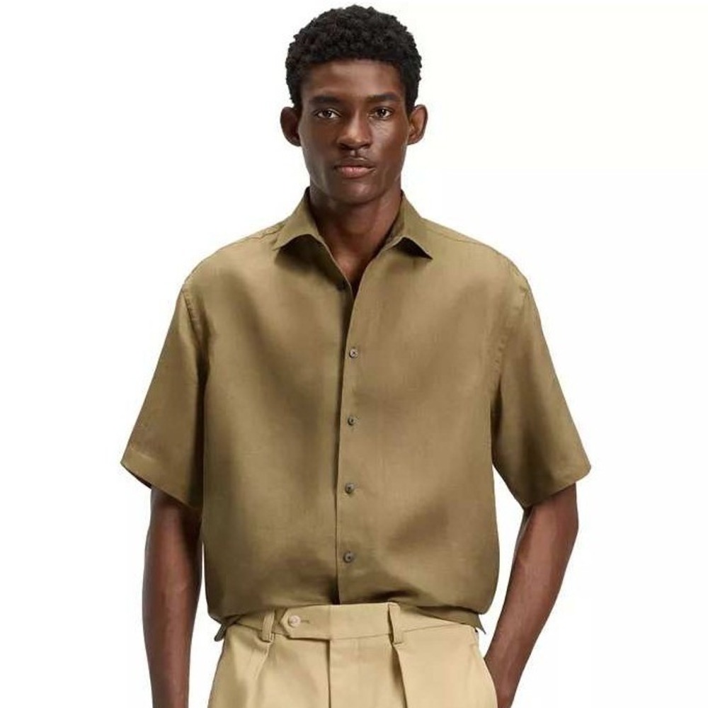Beckham BOSS Brown Relaxed Fit Linen Shirt Short Sleeve Button Down Size XXL